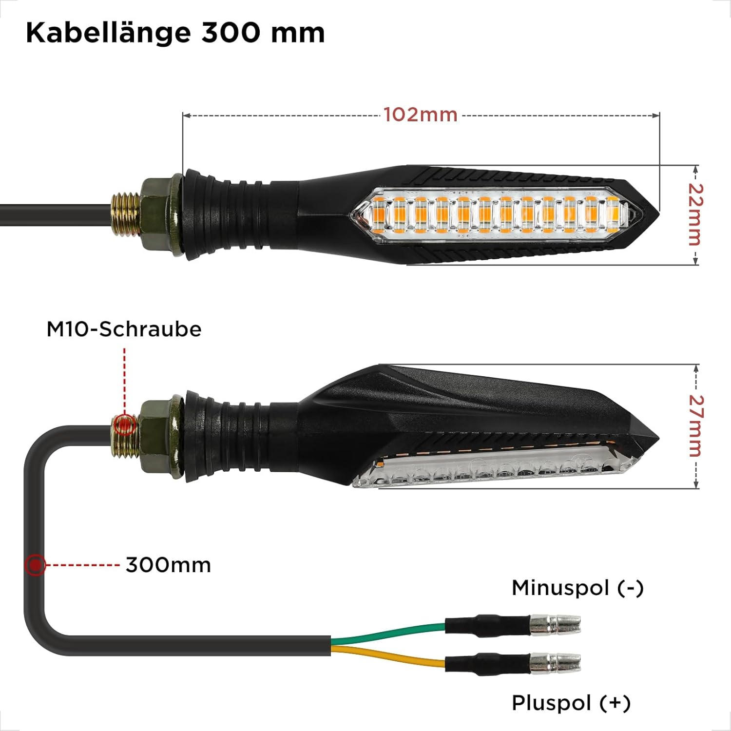 evermotor Lauflicht Blinker Motorrad LED 12V, 2 Stück Hohe Helligkeit Motorradblinker Laufeffekt, IP67 Wasserdicht, E-Geprüft, Kabellänge 300 mm