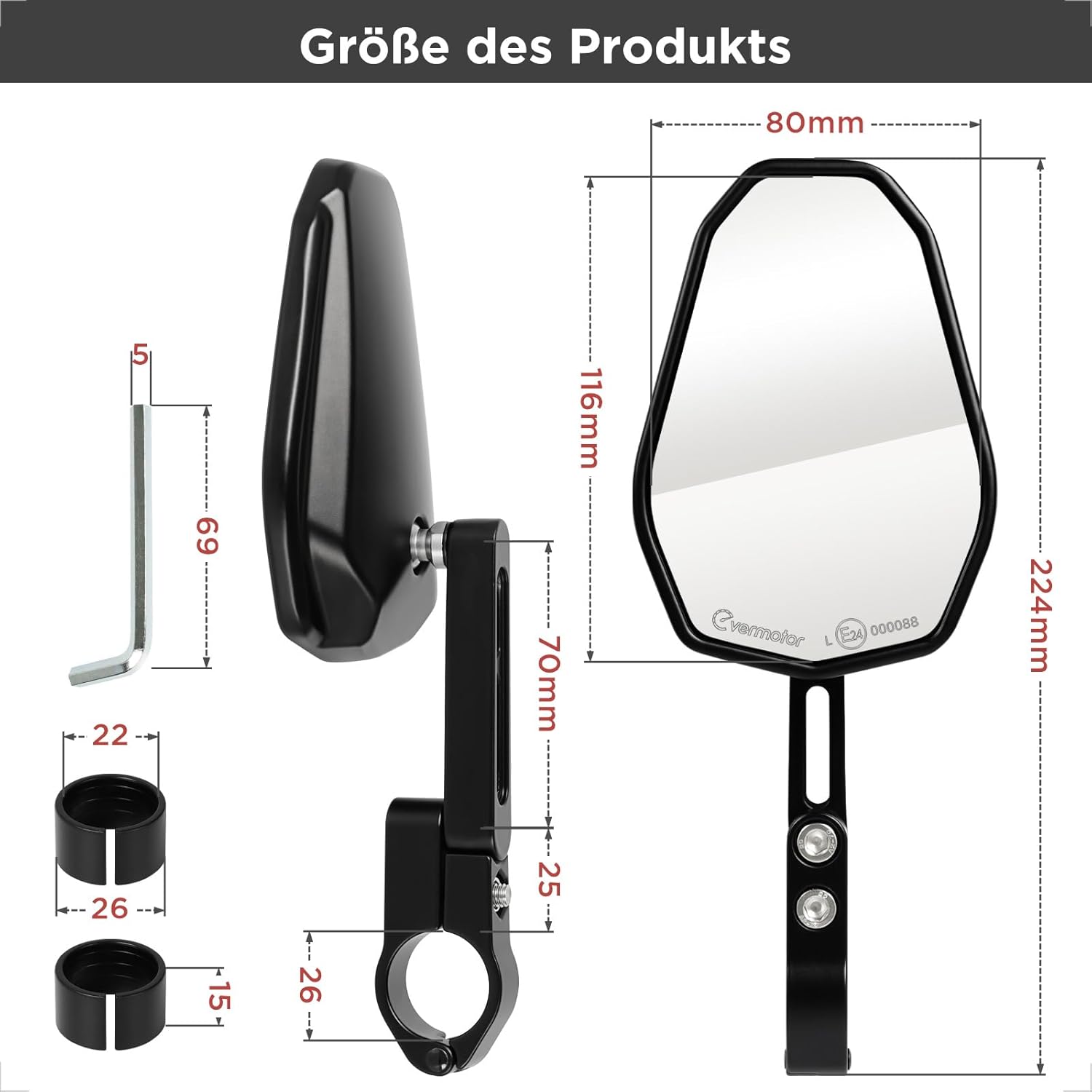 evermotor Motorrad Rückspiegel, Lenkerendenspiegel E-geprüft, 360° Verstellbar, Einfache Innenlenker-Montage, Universal für 22mm & 25,4mm Lenker, Schwarz (Aktualisierte Version)