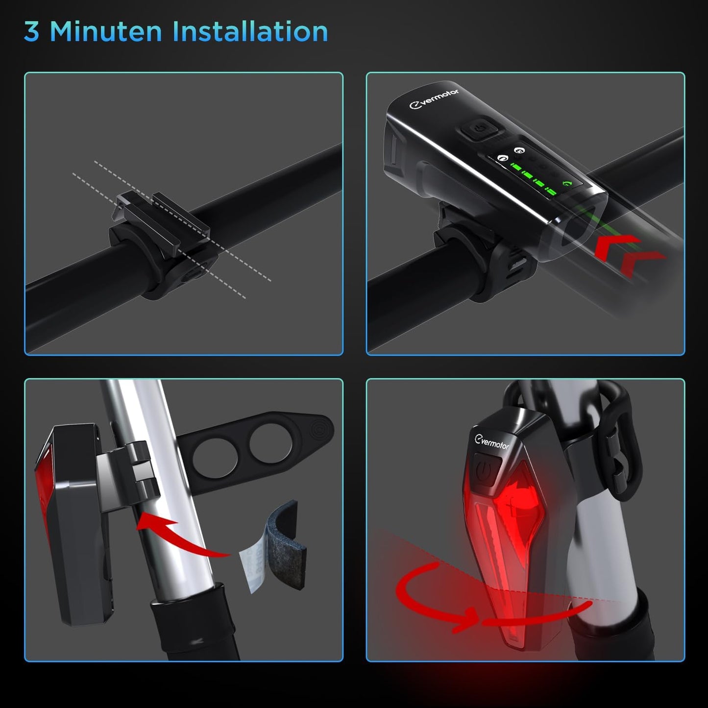 StVZO Fahrradlicht Set USB aufladbar, 200m Reichweite IPX5