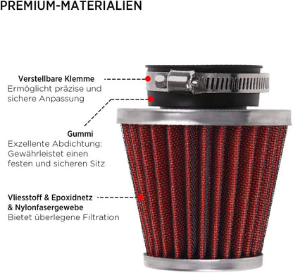 Zweilagiger Motorrad-Luftfilter aus Stahl, rot, waschbar und wiederverwendbar