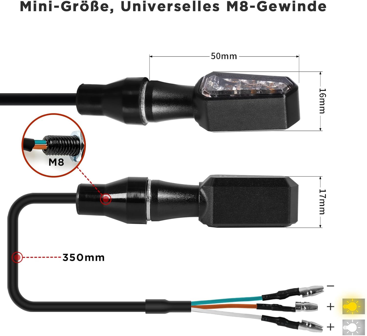 evermotor, 2in1 Mini LED Blinker Motorrad, E32 E-geprüft, Universal 12V M8 Motorrad Blinker, IP67 Wasserdicht, CNC Aluminiumschale, 2 Stück, Amber & Weiß, für Motorräder, Ebike, Quad ATV, Scooter