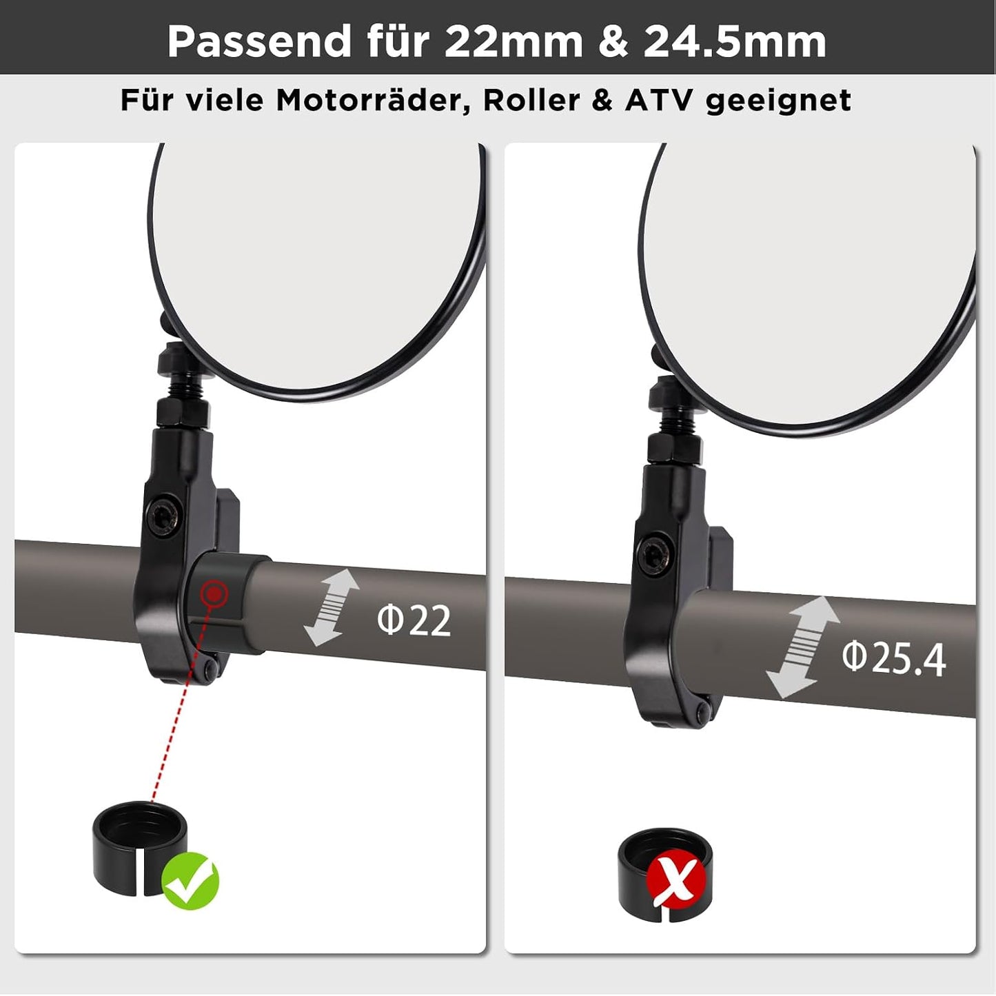 evermotor Motorrad Spiegel, E24, Ø95 mm, CNC Aluminium, 360° verstellbar, Lenker Spiegel mit Klemme, für 22 mm & 25,4 mm Lenker ohne Demontage, 1 Stück