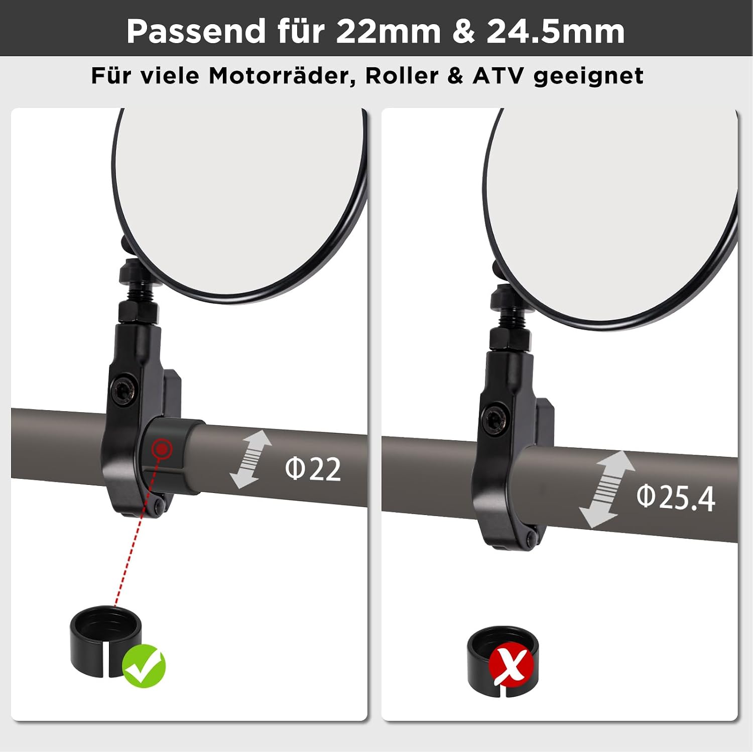 evermotor Motorrad Spiegel, E24, Ø95 mm, CNC Aluminium, 360° verstellbar, Lenker Spiegel mit Klemme, für 22 mm & 25,4 mm Lenker ohne Demontage, 1 Stück