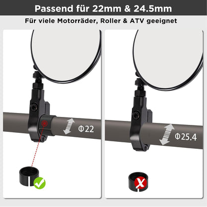 evermotor Motorrad Spiegel, E24, Ø95 mm, CNC Aluminium, 360° verstellbar, Lenker Spiegel mit Klemme, für 22 mm & 25,4 mm Lenker ohne Demontage, 1 Stück