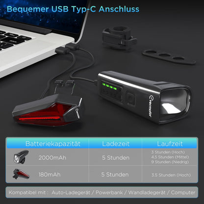 StVZO Fahrradlicht Set USB aufladbar, 200m Reichweite IPX5