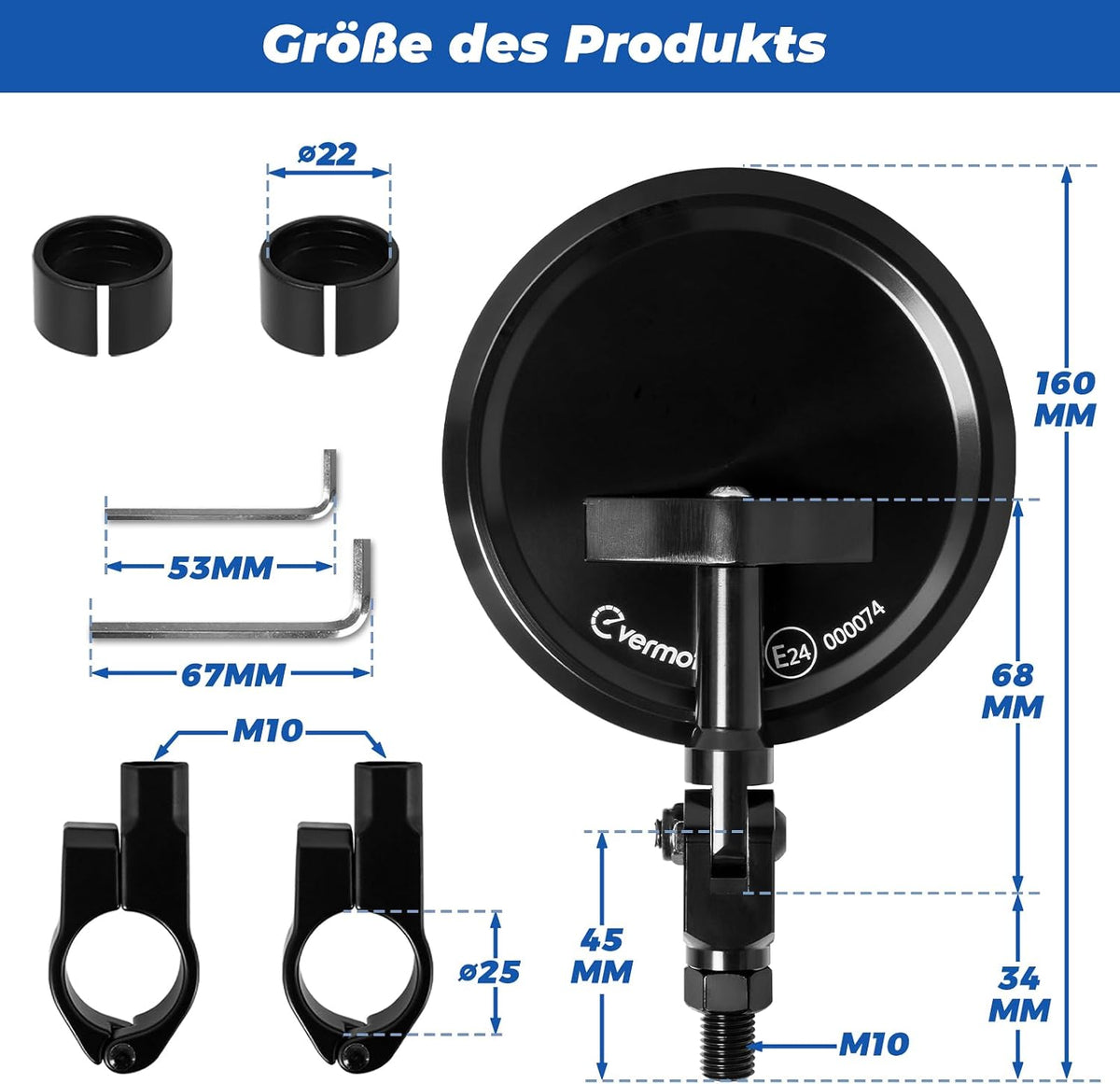 evermotor Motorrad Spiegel E24-geprüft, für 22 & 25,4 mm Lenker, 1 Stück
