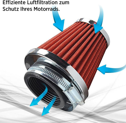 Zweilagiger Motorrad-Luftfilter aus Stahl, rot, waschbar und wiederverwendbar