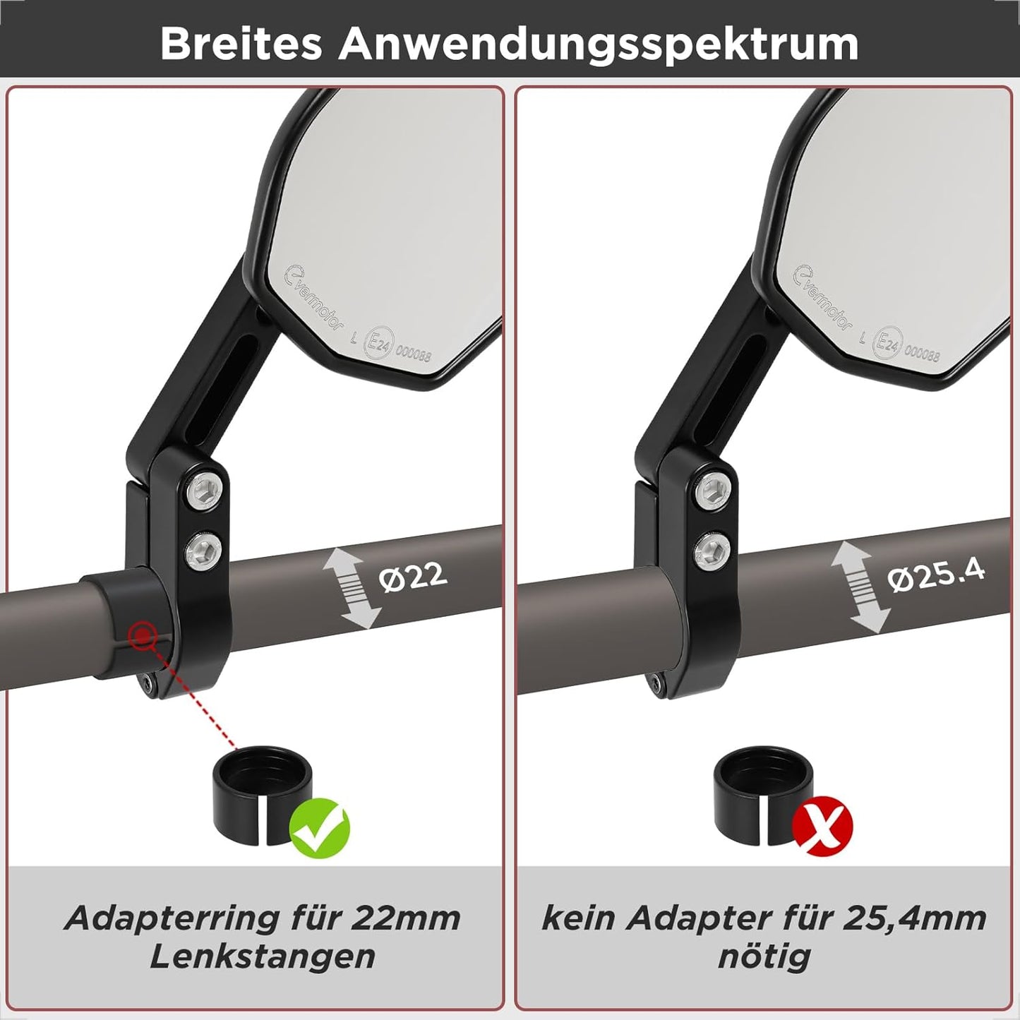 evermotor Motorrad Rückspiegel, Lenkerendenspiegel E-geprüft, 360° Verstellbar, Einfache Innenlenker-Montage, Universal für 22mm & 25,4mm Lenker, Schwarz (Aktualisierte Version)