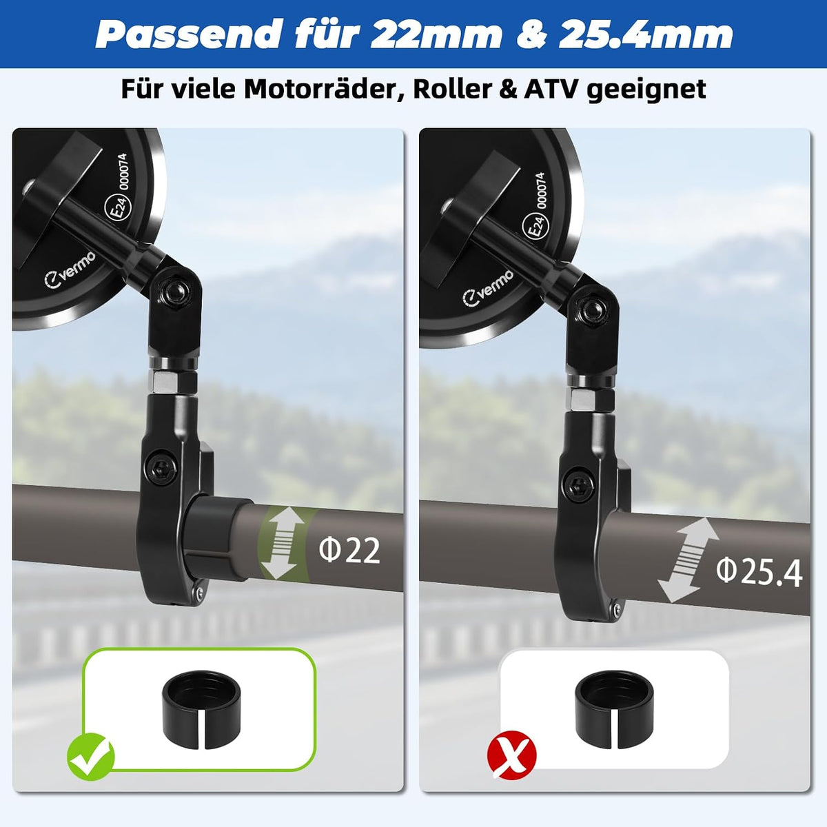 evermotor Motorrad Spiegel E24-geprüft, für 22 & 25,4 mm Lenker, 1 Stück