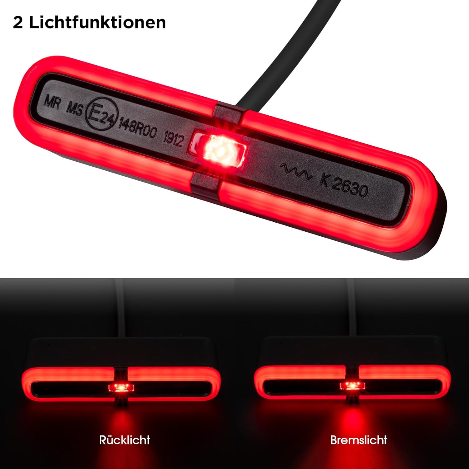 evermotor Mini LED Rücklicht Motorrad mit Bremslicht, 6-12V, M19 E-zertifiziert, IP67 Wasserdicht, 900mm Kabel, Einfache Montage für Motorräder, E-Bikes und Fahrräder