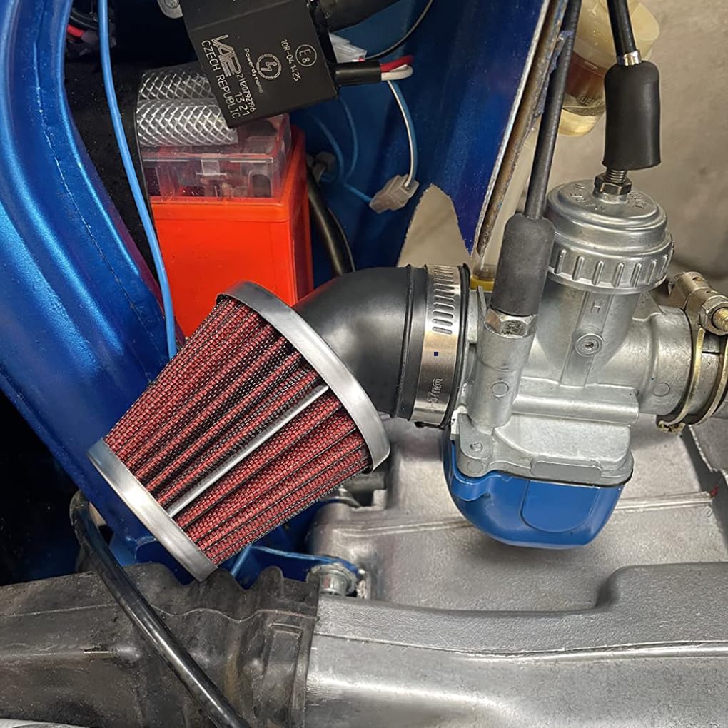 Zweilagiger Motorrad-Luftfilter aus Stahl, 45° Biegung Rot, Waschbar