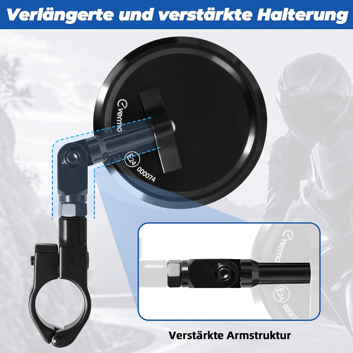 evermotor Motorrad Spiegel E24-geprüft, für 22 & 25,4 mm Lenker, 1 Stück
