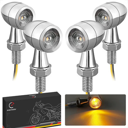 evermotor Universal 12V E24 Mini Motorrad LED Blinker Bullet Zinklegierung im Feinguss IP67 Wasserdicht E geprüft (4 Stück Silber)