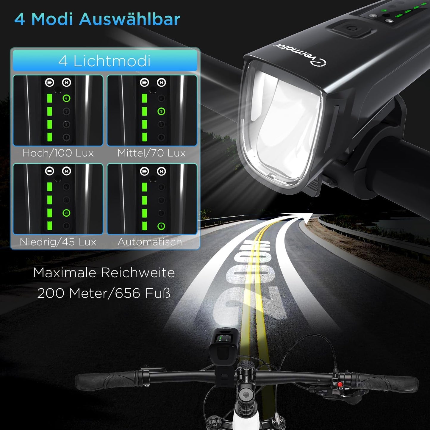 StVZO Fahrradlicht Set USB aufladbar, 200m Reichweite IPX5