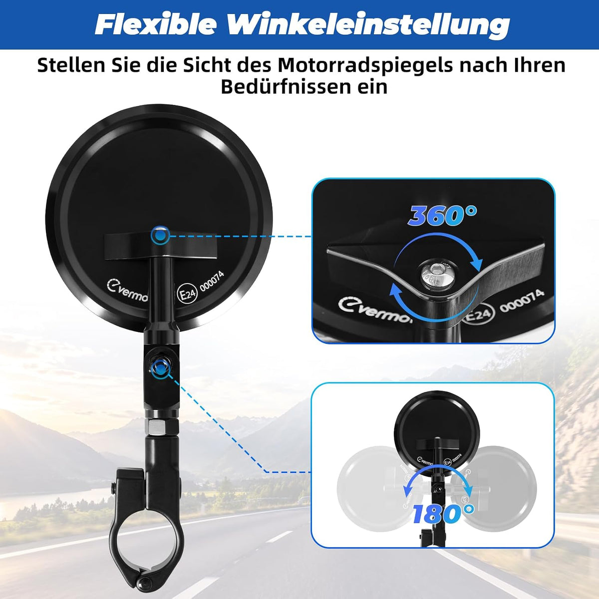 evermotor Motorrad Spiegel E24-geprüft, für 22 & 25,4 mm Lenker, 1 Stück