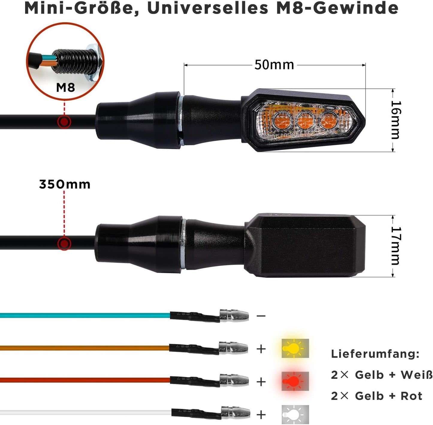 E32 2in1 Mini LED Blinker Motorrad, Alu CNC M8 amber weiß rot