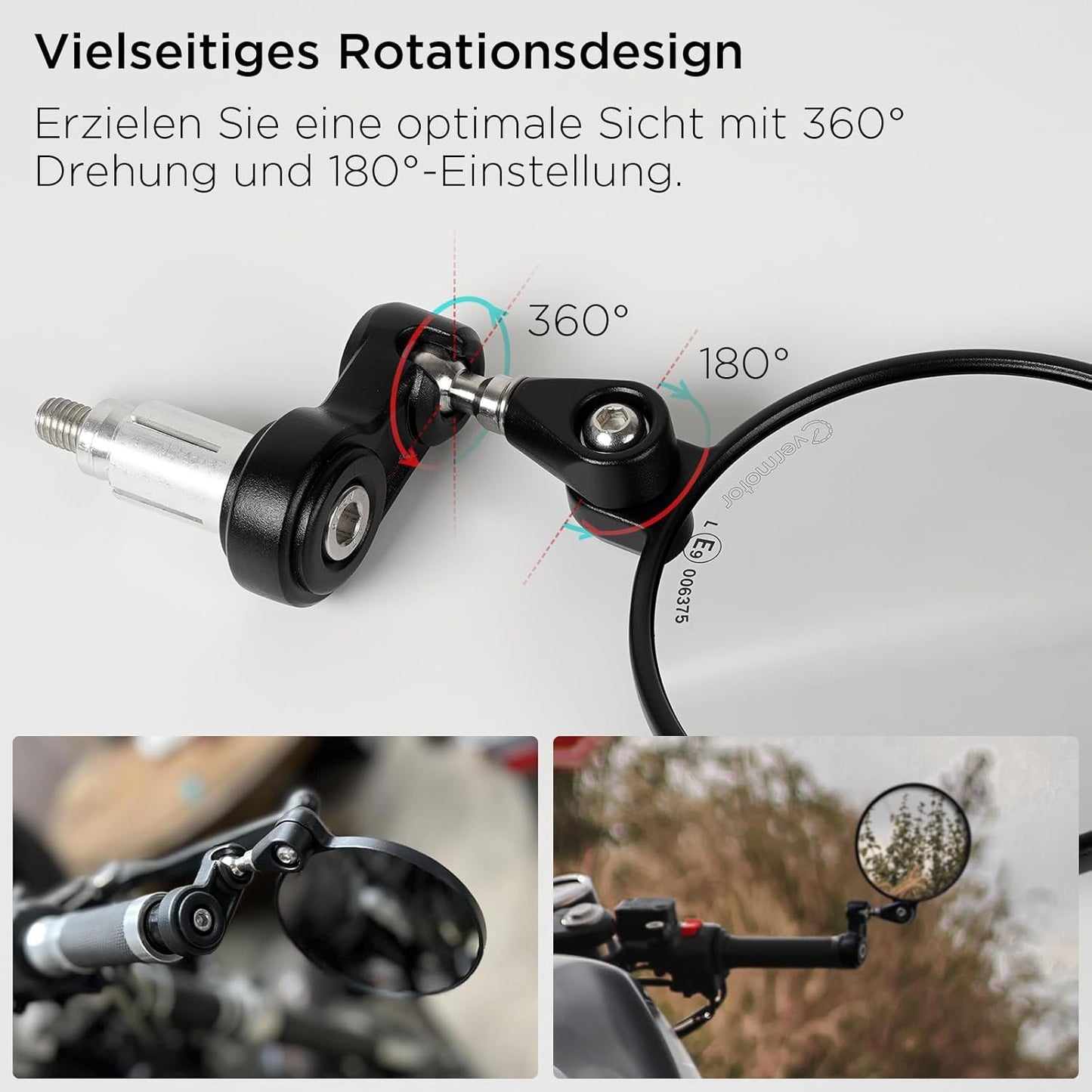 E9 Motorrad Spiegel 360° drehbar Aluminium Lenkerendenspiegel