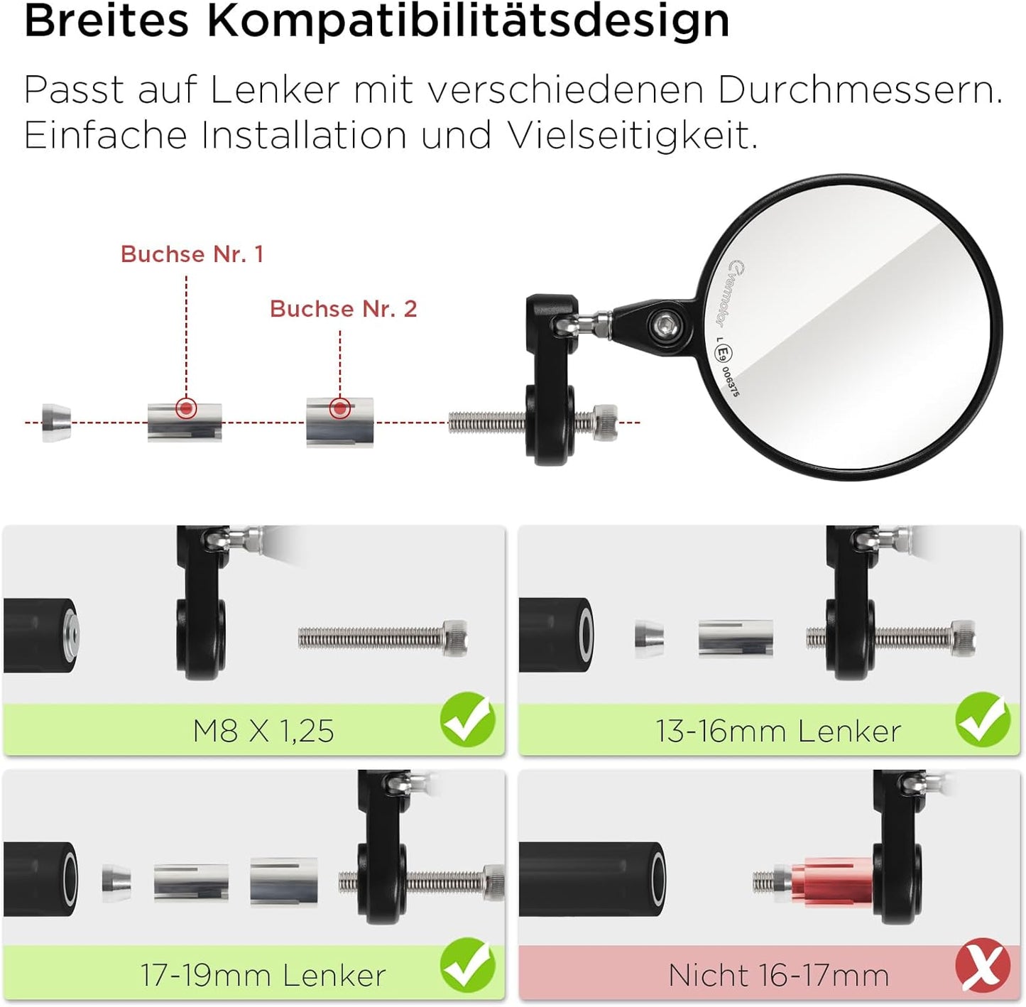 E9 Motorrad Spiegel 360° drehbar Aluminium Lenkerendenspiegel