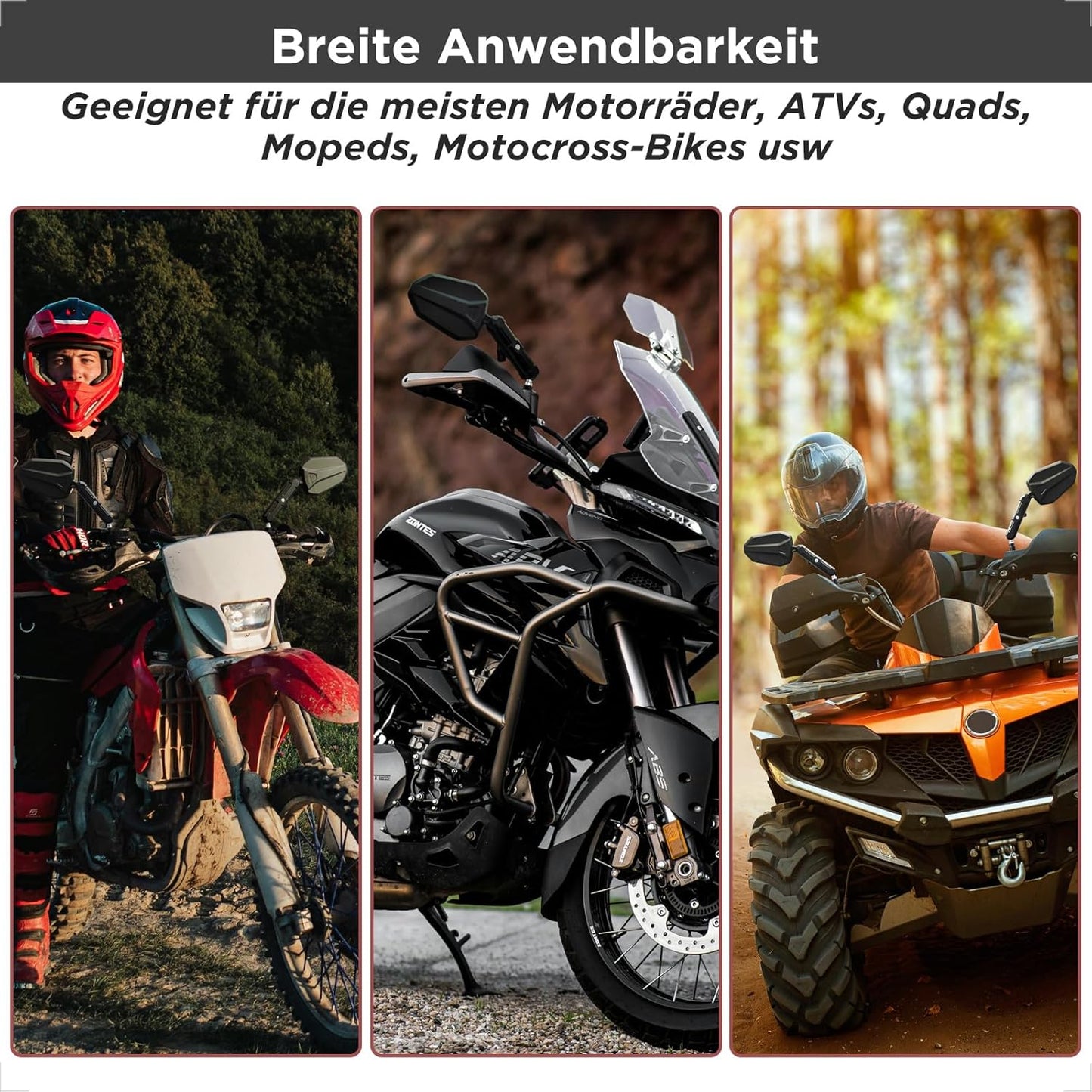 evermotor E-geprüft Motorradspiegel 360° Verstellbar mit Doppelgelenk – Stoßfeste Rückspiegel Set M8/M10, Universell für Motorrad, ATV, Moped, Quad und Adventure/Enduro (2 Stück)