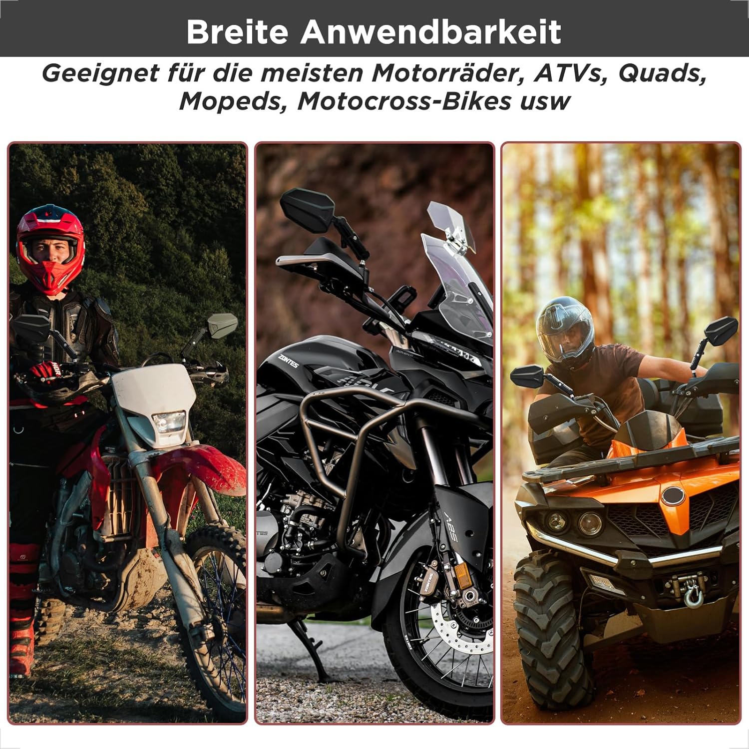 evermotor E-geprüft Motorradspiegel 360° Verstellbar mit Doppelgelenk – Stoßfeste Rückspiegel Set M8/M10, Universell für Motorrad, ATV, Moped, Quad und Adventure/Enduro (2 Stück)