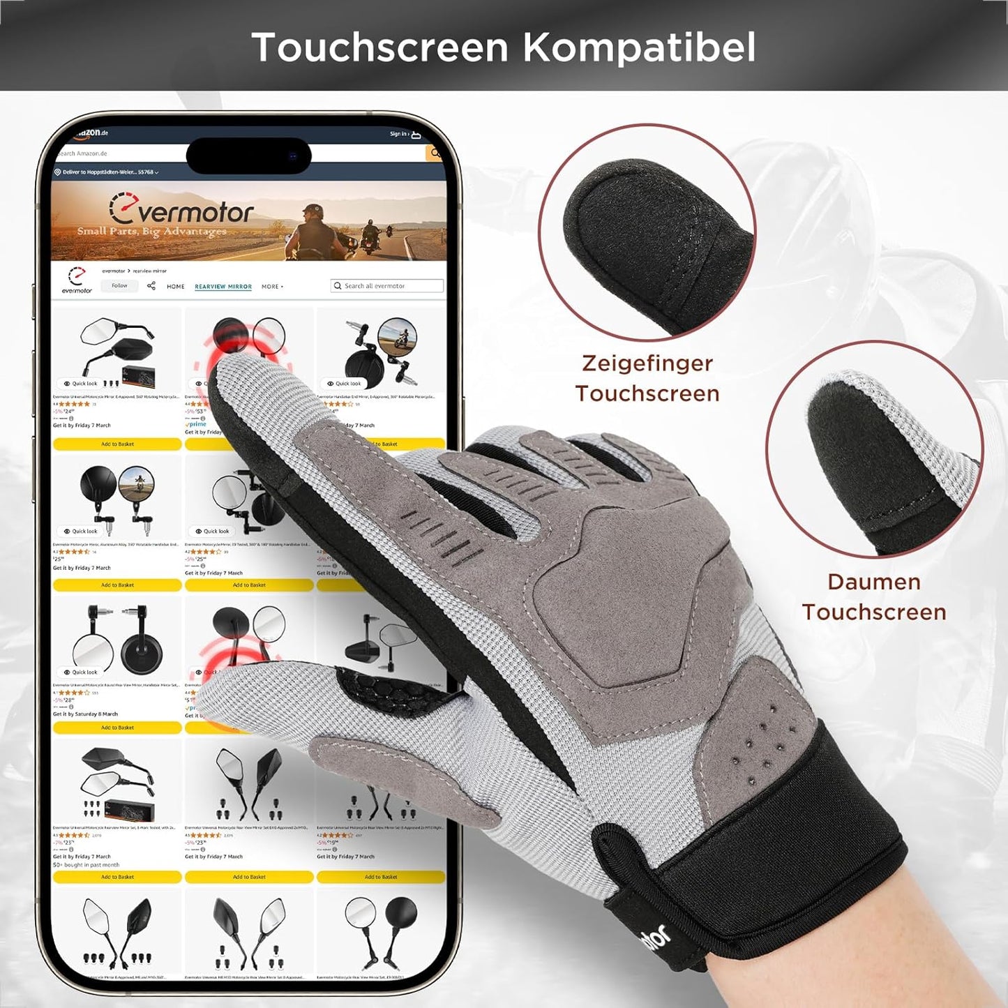 evermotor Motorradhandschuhe, Motorrad Handschuhe Herr Damen, Sommer Handschuhe Touchscreen für Motorrad, Motocross, Roller, Moped, Quad, ATV, Mountainbike