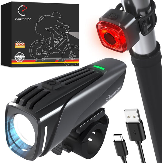 Evermotor LED Fahrradlicht Set, StVZO-Zugelassen Fahrradlampe Licht + Rücklicht Fahrrad, USB C Aufladbar Fahrradbeleuchtung Zubehör, Lange Laufzeit Mountainbike Lichter Kit für Kinder und Erwachsene