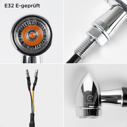 evermotor Chrom Motorrad Blinker LED Bullet, 2/4 Stück, E-geprüft E32, CNC-Aluminium, 12V – Varianten: Amber, Amber&Rot 3in1 (Blinker+Rücklicht+Bremslicht), Amber&Weiß 2in1