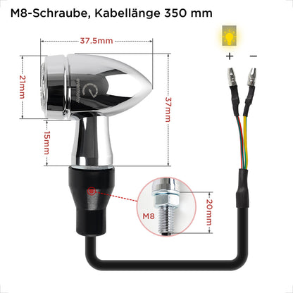 evermotor Chrom Motorrad Blinker LED Bullet, 2/4 Stück, E-geprüft E32, CNC-Aluminium, 12V – Varianten: Amber, Amber&Rot 3in1 (Blinker+Rücklicht+Bremslicht), Amber&Weiß 2in1