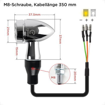 evermotor Chrom Motorrad Blinker LED Bullet, 2/4 Stück, E-geprüft E32, CNC-Aluminium, 12V – Varianten: Amber, Amber&Rot 3in1 (Blinker+Rücklicht+Bremslicht), Amber&Weiß 2in1