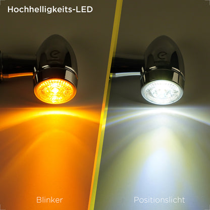 evermotor Chrom Motorrad Blinker LED Bullet, 2/4 Stück, E-geprüft E32, CNC-Aluminium, 12V – Varianten: Amber, Amber&Rot 3in1 (Blinker+Rücklicht+Bremslicht), Amber&Weiß 2in1