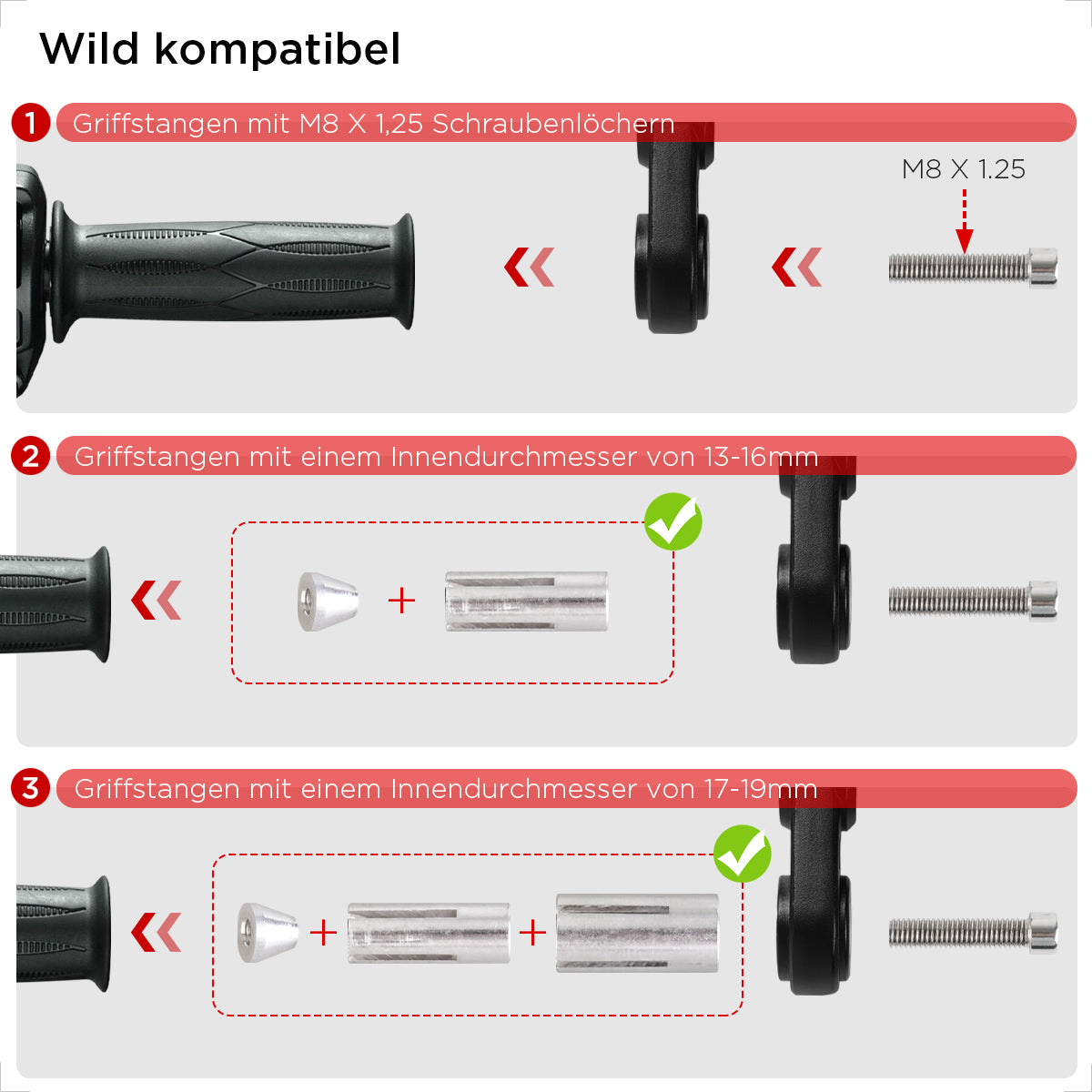 Evermotor Lenkerendenspiegel, E-geprüft, 360°, Alu, 22mm Außen