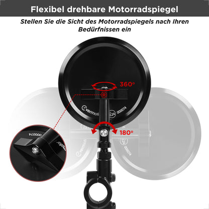 evermotor Motorcycle Mirror, E24 Rear View Mirror, Diameter 95 mm - 360° CNC Aluminium Handlebar End Mirror, Left or Right Mountable, for Diameter 22 mm Handlebars, Pack of 1/Pack of 2