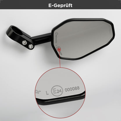 evermotor Motorcycle Rear View Mirror, E-Approved, 360° Rotatable, Handlebar End Mirror for 22 mm and 25.4 mm Handlebars, Universal, Black