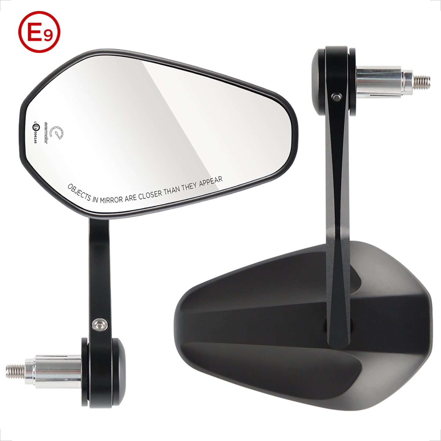 E9 Lenkerendenspiegel Motorrad Set, CNC Aluminium 360° verstellbar