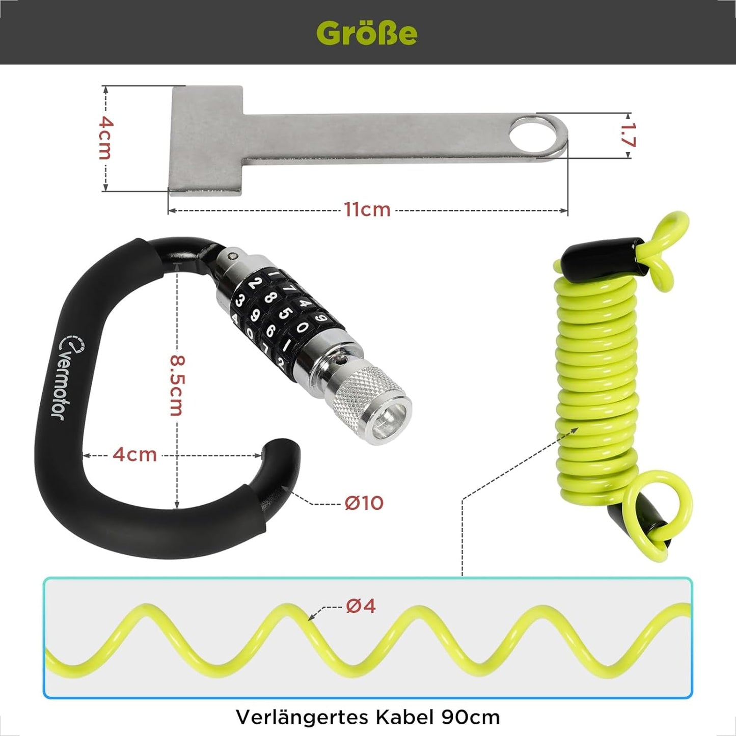 Evermotor Helmschloss Motorrad, Kabelschloss mit Sicherheitscode + Flexibles Stahlkabel + T-Adapter, für Motorradhelm, Fahrradhelm, Kinderwagen und Snowboard