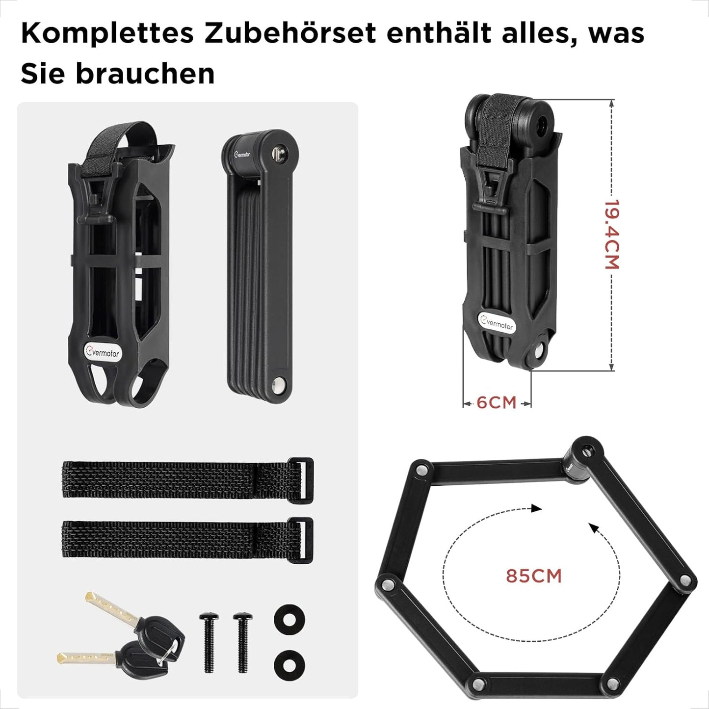 Evermotor Faltschloss Fahrrad mit Halterung, 85 cm lang, Hochsicherheits-Schloss aus gehärtetem Stahl Faltbares Schloss für E-Bike E-Scooter Motorrad