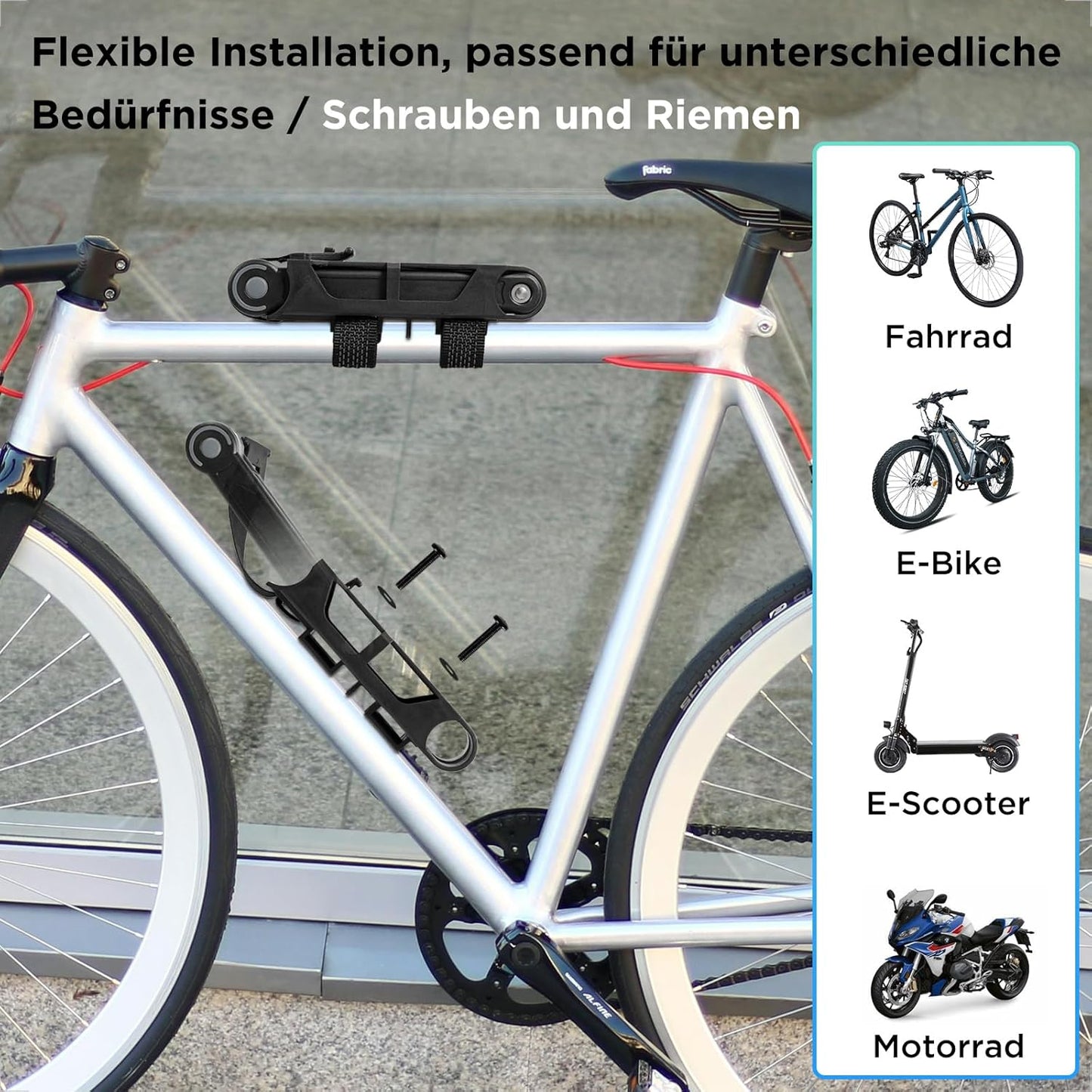 Evermotor Faltschloss Fahrrad mit Halterung, 85 cm lang, Hochsicherheits-Schloss aus gehärtetem Stahl Faltbares Schloss für E-Bike E-Scooter Motorrad