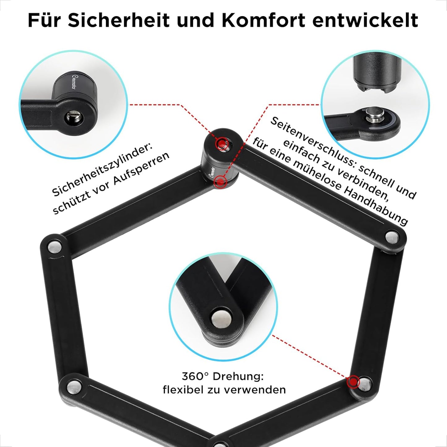 Evermotor Faltschloss Fahrrad mit Halterung, 85 cm lang, Hochsicherheits-Schloss aus gehärtetem Stahl Faltbares Schloss für E-Bike E-Scooter Motorrad