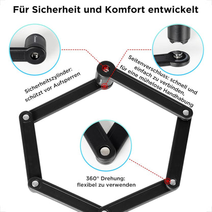 Evermotor Faltschloss Fahrrad mit Halterung, 85 cm lang, Hochsicherheits-Schloss aus gehärtetem Stahl Faltbares Schloss für E-Bike E-Scooter Motorrad