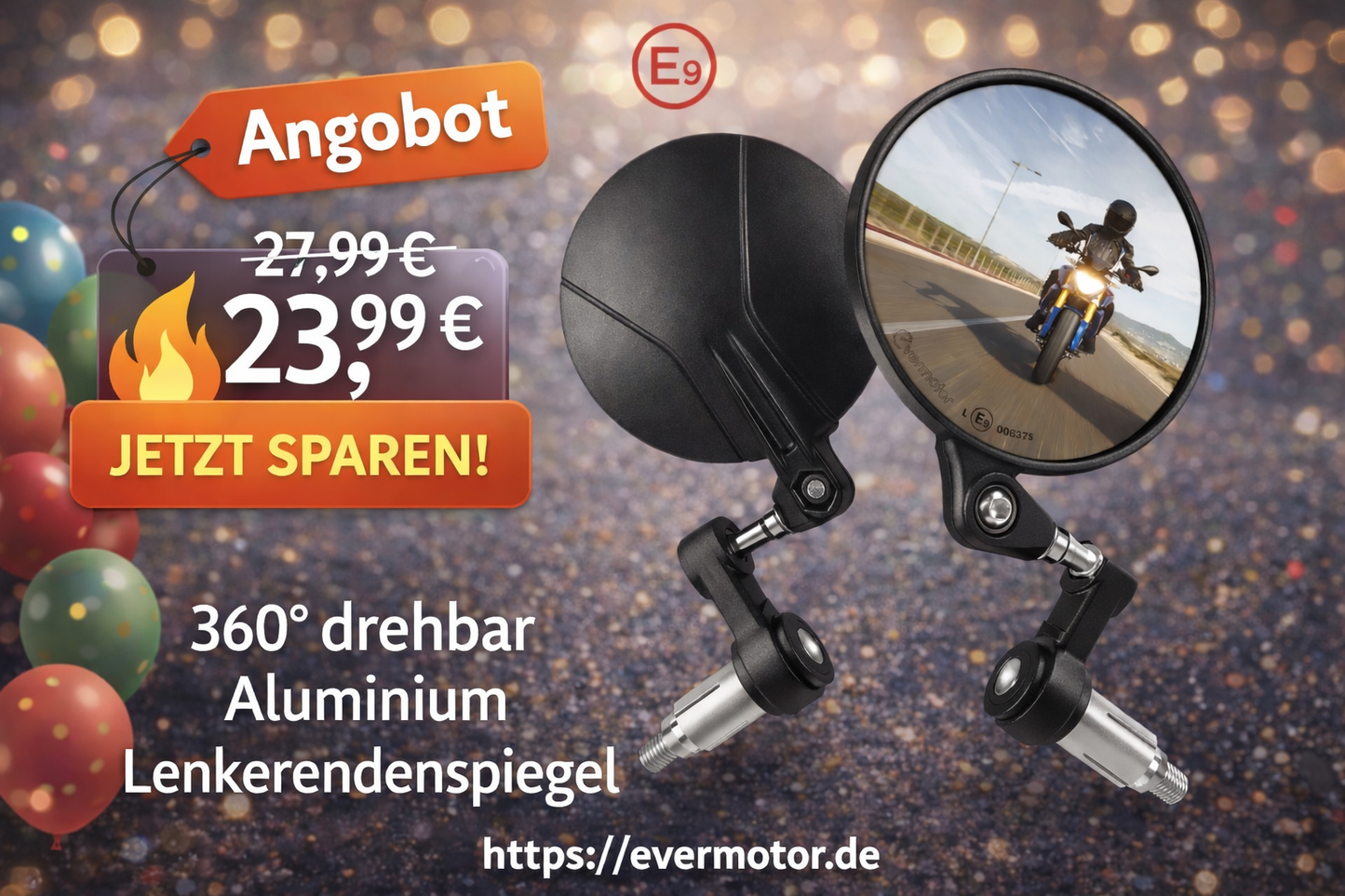 E9 Motorrad Spiegel 360° drehbar Aluminium Lenkerendenspiegel