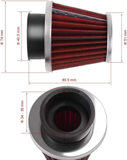 Evermotor Universal Doppelschicht Stahl Filter Luftfilter Rot 34mm 35mm 36mm für Motorrad Scooter ATV Moped Roller